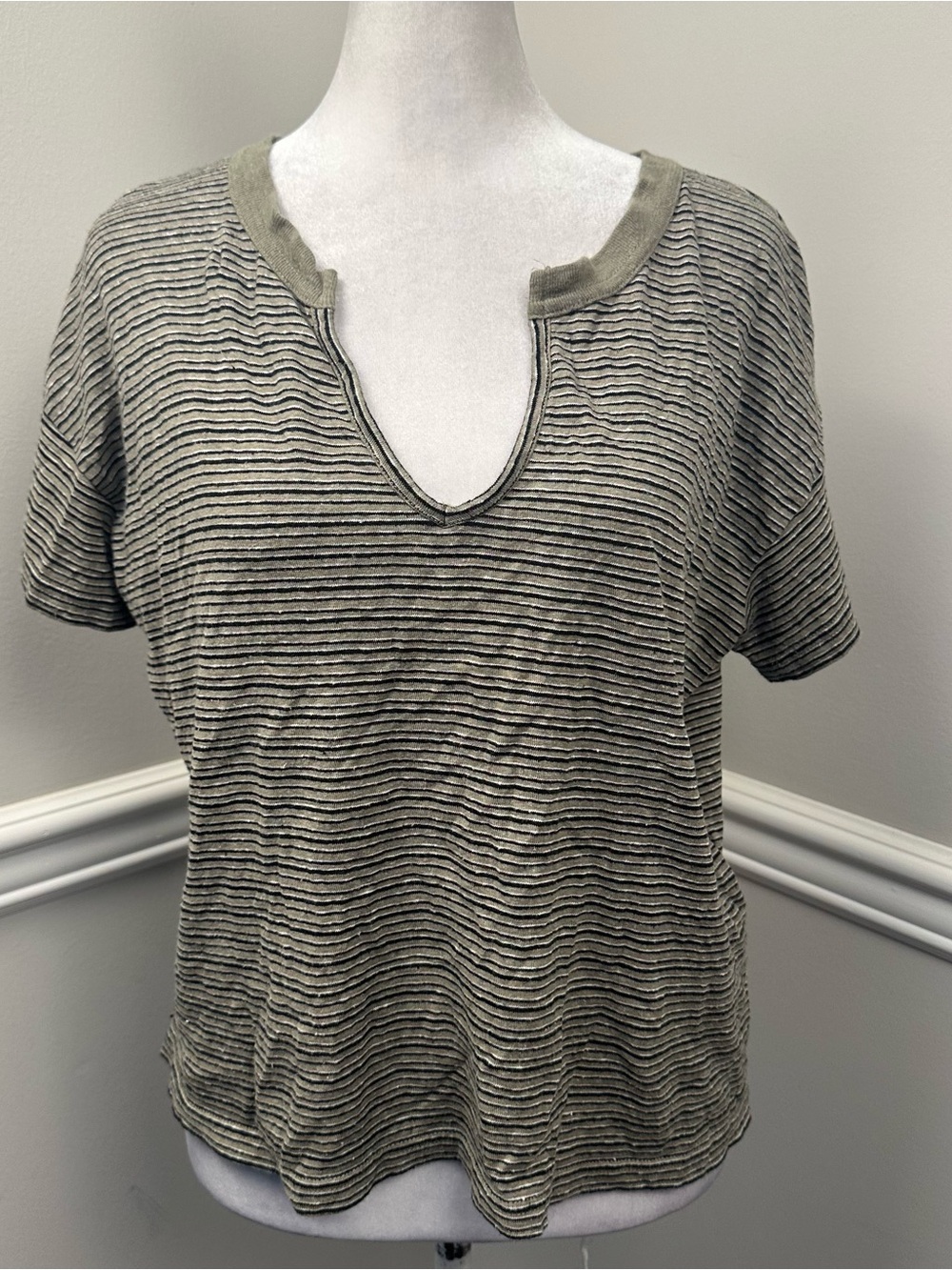 Madewell Olive black Striped Notch V-Neck Tee S